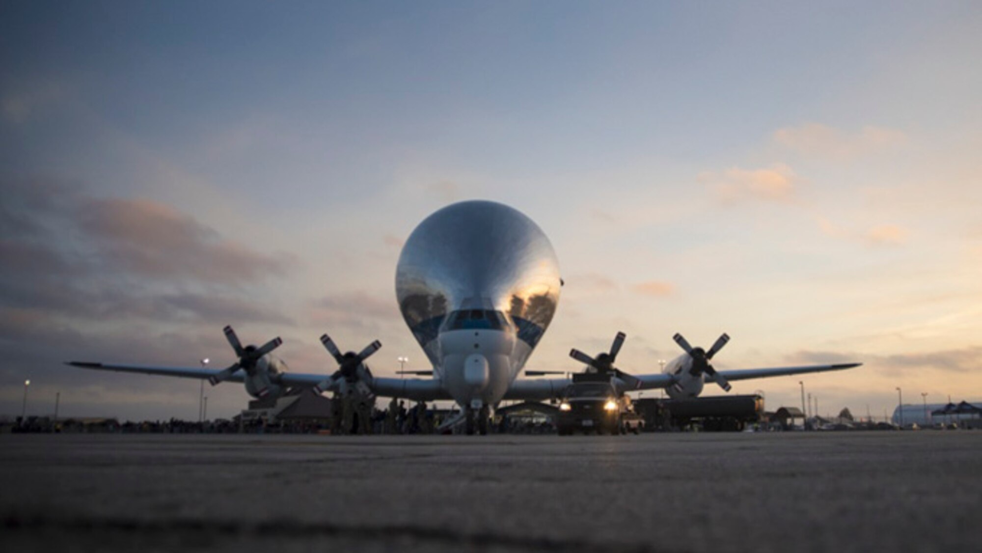 The NASA Super Guppy arrives at the 179th Airlift Wing, Ohio Air National Guard, in Mansfield, Ohio, Nov. 24, 2019. The 179th AW was assisting the NASA Super Guppy in transporting parts of the Orion Space Project to Mansfield where it could then be transported by semi-truck to the Glenn Research Center in Sandusky, Ohio. (U.S. Air National Guard photo by Tech. Sgt. Joe Harwood)