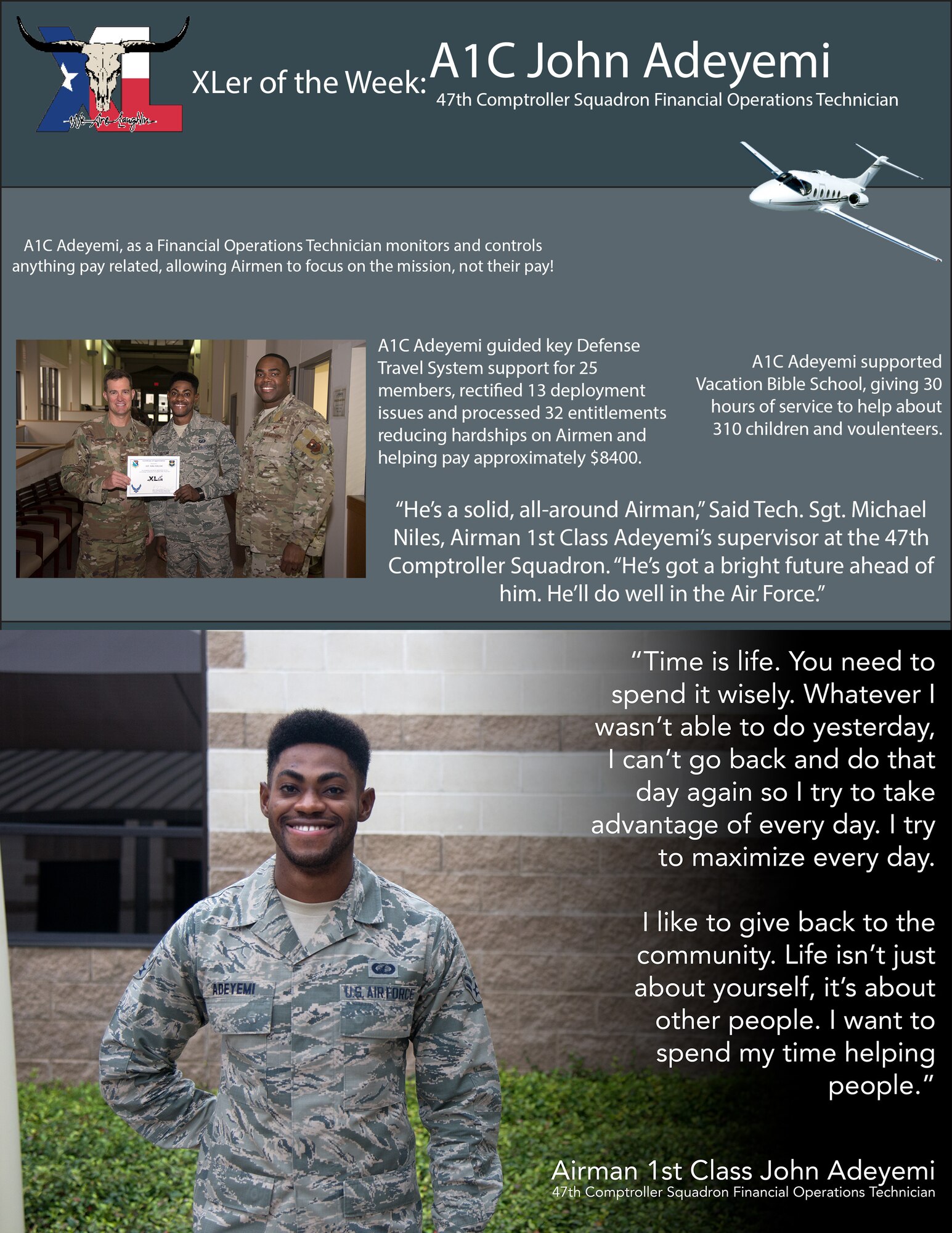 Airman 1st Class John Adeyemi, a 47th Comptroller Squadron financial operations technician, was chosen by wing leadership to be the “XLer of the Week” of Nov. 18, 2019 at Laughlin Air Force Base, Texas. Adeyemi was chosen by wing leadership to be the “XLer of the Week” of Nov. 18, 2019. (U.S. Air Force graphic by Senior Airman John A. Crawford)
