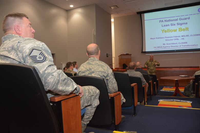 Maj. Gen. Anthony Carrelli addresses the class at the Lean Six Sigma Yellow Belt course on November 14 at Fort Indiantown Gap.