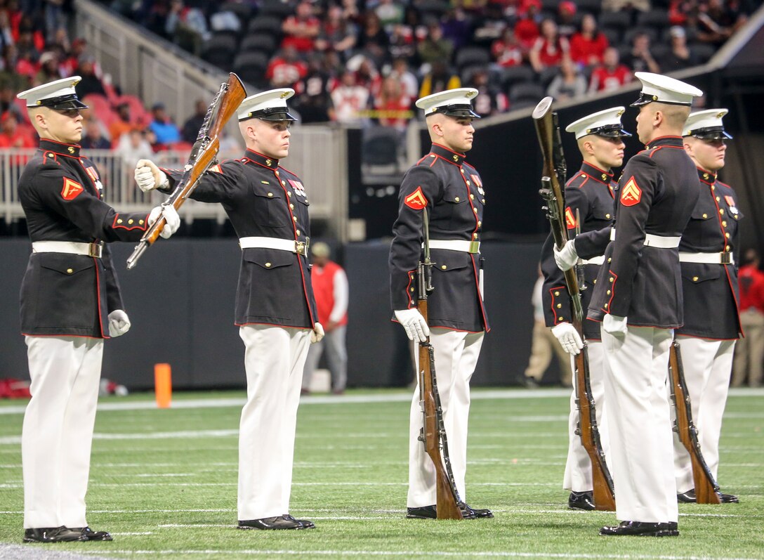 The Silent Drill Platoon performed at the halftime show during the Atlanta Falcons vs. Tampa Bay Buccaneers game.