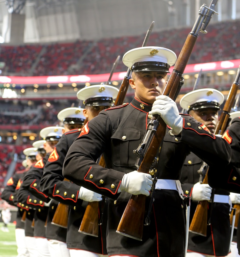 The Silent Drill Platoon performed at the halftime show during the Atlanta Falcons vs. Tampa Bay Buccaneers game.