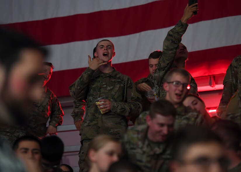U.S. Army Soldiers cheer during the Cage Fury Fighting Champion 80 “Fight for Troops” event at Joint Base Langley-Eustis, Virginia, Nov. 22, 2019.