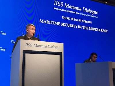 U.S. Marine Corps Gen. Kenneth F. McKenzie Jr., commander, U.S. Central Command, discusses maritime security in the Middle East at the 15th Regional Security Summit of the IISS Manama Dialogue, Nov. 23, 2019. (Courtesy photo provided by IISS)