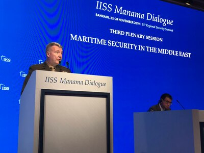 U.S. Marine Corps Gen. Kenneth F. McKenzie Jr., commander, U.S. Central Command, discusses maritime security in the Middle East at the 15th Regional Security Summit of the IISS Manama Dialogue, Nov. 23, 2019. (Courtesy photo provided by IISS)