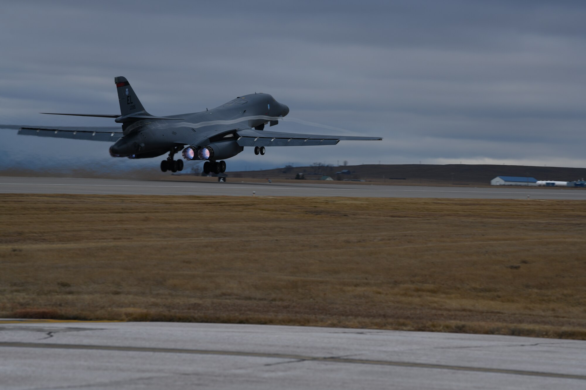 A B-1B Lancer, assigned to the 34th Bomb Squadron, launches for routine training at Ellsworth Air Force Base, S.D., Nov. 20, 2019. The 34th BS was presented the Eaker Trophy at the 2019 Global Strike Challenge, recognizing it as the best B-1 squadron.(U.S. Air Force photo by Senior Airman Nicolas Z. Erwin)