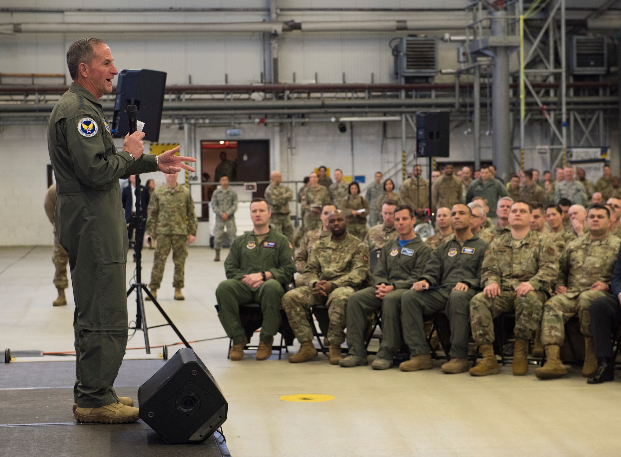 Air Force Chief of Staff Gen. David L. Goldfein addresses Airmen during a town hall on Ramstein Air Base, Germany, Nov. 22, 2019.