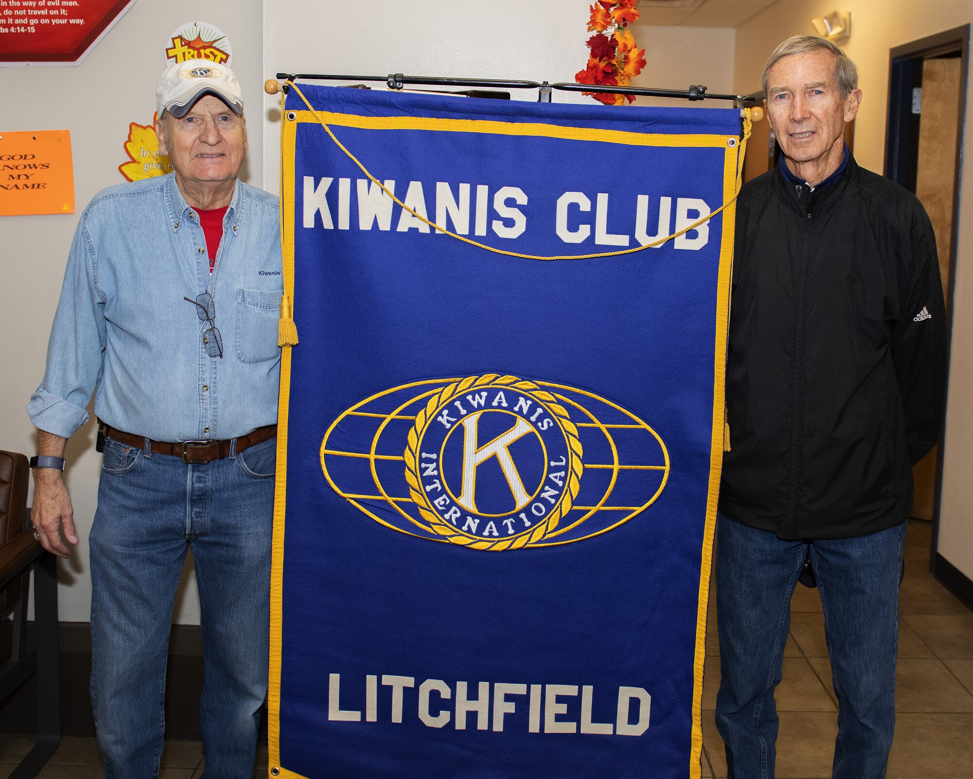 J.T. Mullen (left) and Don Pocock, Kiwanis of Litchfield members, pose for a photo at the Turkeys for Troops food drive Nov. 21, 2019, at Luke Air Force Base, Ariz.
