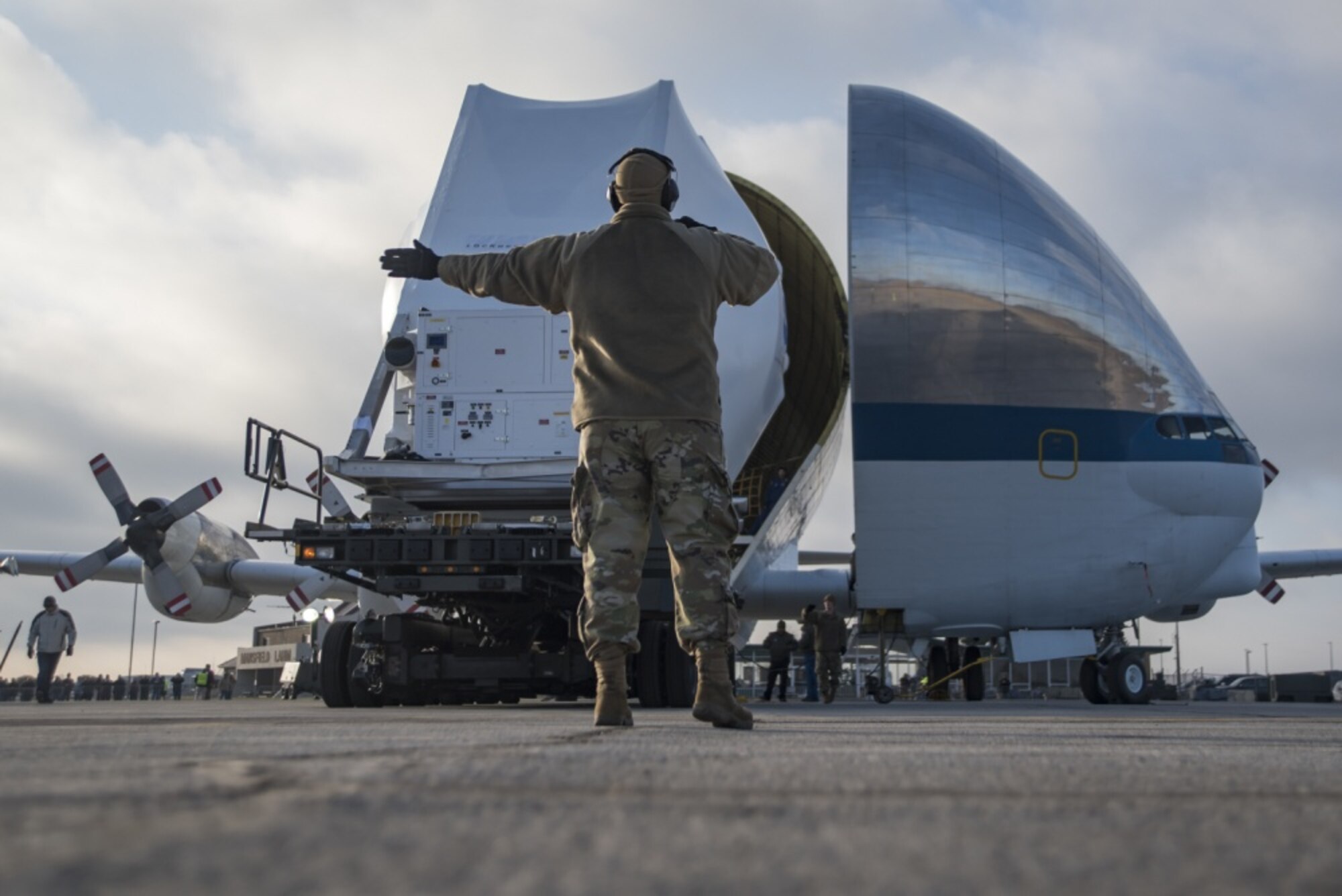 The NASA Super Guppy arrives at the 179th Airlift Wing, Ohio Air National Guard, in Mansfield, Ohio, Nov. 24, 2019. Airmen from the 179th AW assisted NASA by providing ground support during the unloading process. (U.S. Air National Guard photo by Tech. Sgt. Joe Harwood)