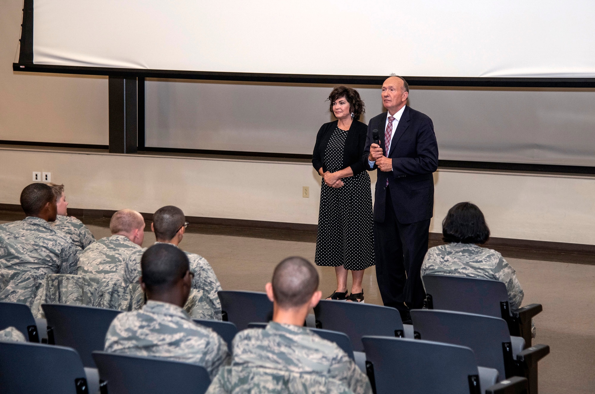 Retired Capt. Guy Gruters, a former F-100 Super Sabre pilot and prisoner of war, and Jeanine Sijan, Air Force Capt. Lance Sijan's sister, answered questions from the audience consisting of Airmen and Air Force civilians during the showing of a documentary film of Sijan's captivity called “SIJAN: A Quest for Freedom” Nov. 7, 2019, at Joint Base San Antonio-Lackland, Texas. Capt. Sijan is the only Congressional Medal of Honor recipient alumni of the U.S. Air Force Academy was forced to eject from his fighter jet over Laos. He was on his 52nd combat mission. He faced severe injuries, including several broken bones. But for 46 days, he managed to evade enemies with little food or water. Sijan was eventually captured and tortured as a Prisoner of War. He attempted to escape several times but was recaptured and beaten. The last person who saw him alive was Air Force Captain Guy Gruters.
