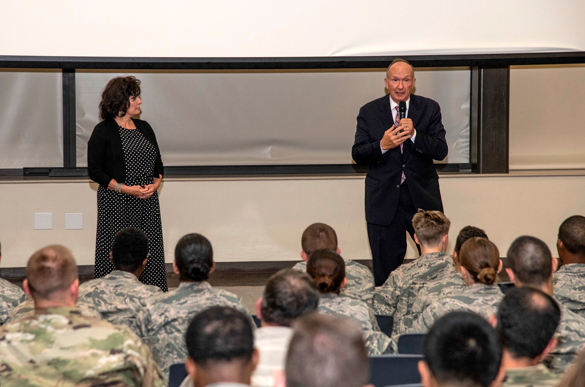 Retired Capt. Guy Gruters, a former F-100 Super Sabre pilot and prisoner of war, and Jeanine Sijan, Air Force Capt. Lance Sijan's sister, answered questions from the audience consisting of Airmen and Air Force civilians during the showing of a documentary film of Sijan's captivity called “SIJAN: A Quest for Freedom” Nov. 7, 2019, at Joint Base San Antonio-Lackland, Texas. Capt. Sijan is the only Congressional Medal of Honor recipient alumni of the U.S. Air Force Academy was forced to eject from his fighter jet over Laos. He was on his 52nd combat mission. He faced severe injuries, including several broken bones. But for 46 days, he managed to evade enemies with little food or water. Sijan was eventually captured and tortured as a Prisoner of War. He attempted to escape several times but was recaptured and beaten. The last person who saw him alive was Air Force Captain Guy Gruters.