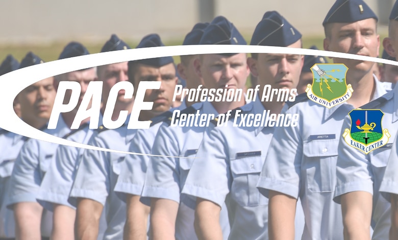 Profession of Arms Center of Excellence graphic featuring the Air University and Eaker Center shields over marching students.