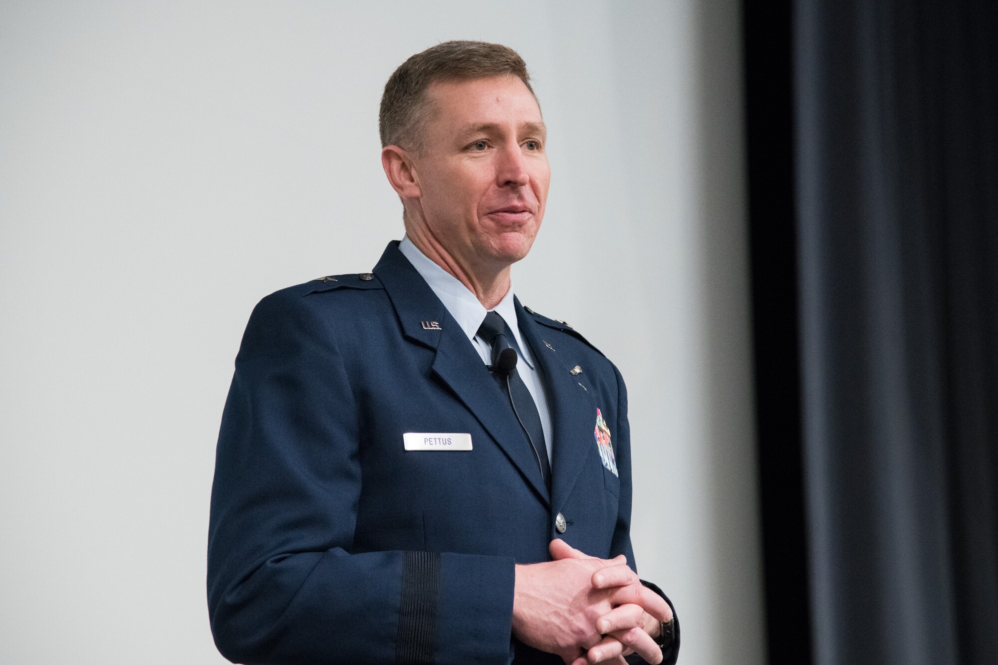 Maj. Jay Burrell Doerfler addressed the participants to his award ceremony at Maxwell Air Force Base’s Wood Auditorium, November 18, 2019. The award is presented annually to recognize an Air Force fighter pilot with proven excellence and professionalism in flight, as well as dedication to community service.