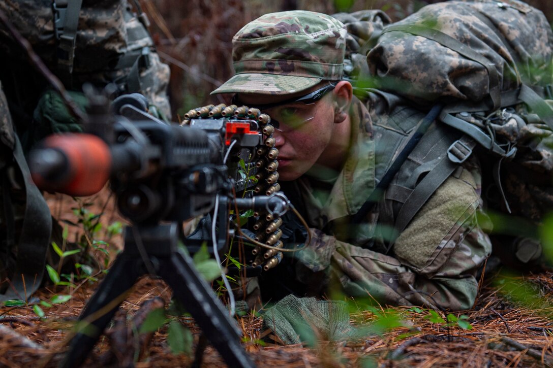 Senior Airman Zachary Dominguez, an Air Force Ranger Assessment Course student, aims down his sight Nov. 15, 2019, at Moody Air Force Base, Ga. The course teaches students critical tasks such as land navigation, troop movements and shooting and maintaining weapons. Over the course of 19 days, the Ranger Assessment Course evaluates students to determine if they possess the knowledge, willpower and skill to attend Army Ranger School. (U.S. Air Force photo by Airman Azaria E. Foster)