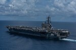 SOUTH CHINA SEA (October 4, 2019) The Navy’s forward-deployed aircraft carrier USS Ronald Reagan (CVN 76) sails while underway. Ronald Reagan, the flagship of Carrier Strike Group 5, provides a combat-ready force that protects and defends the collective maritime interests of its allies and partners in the Indo-Pacific region.