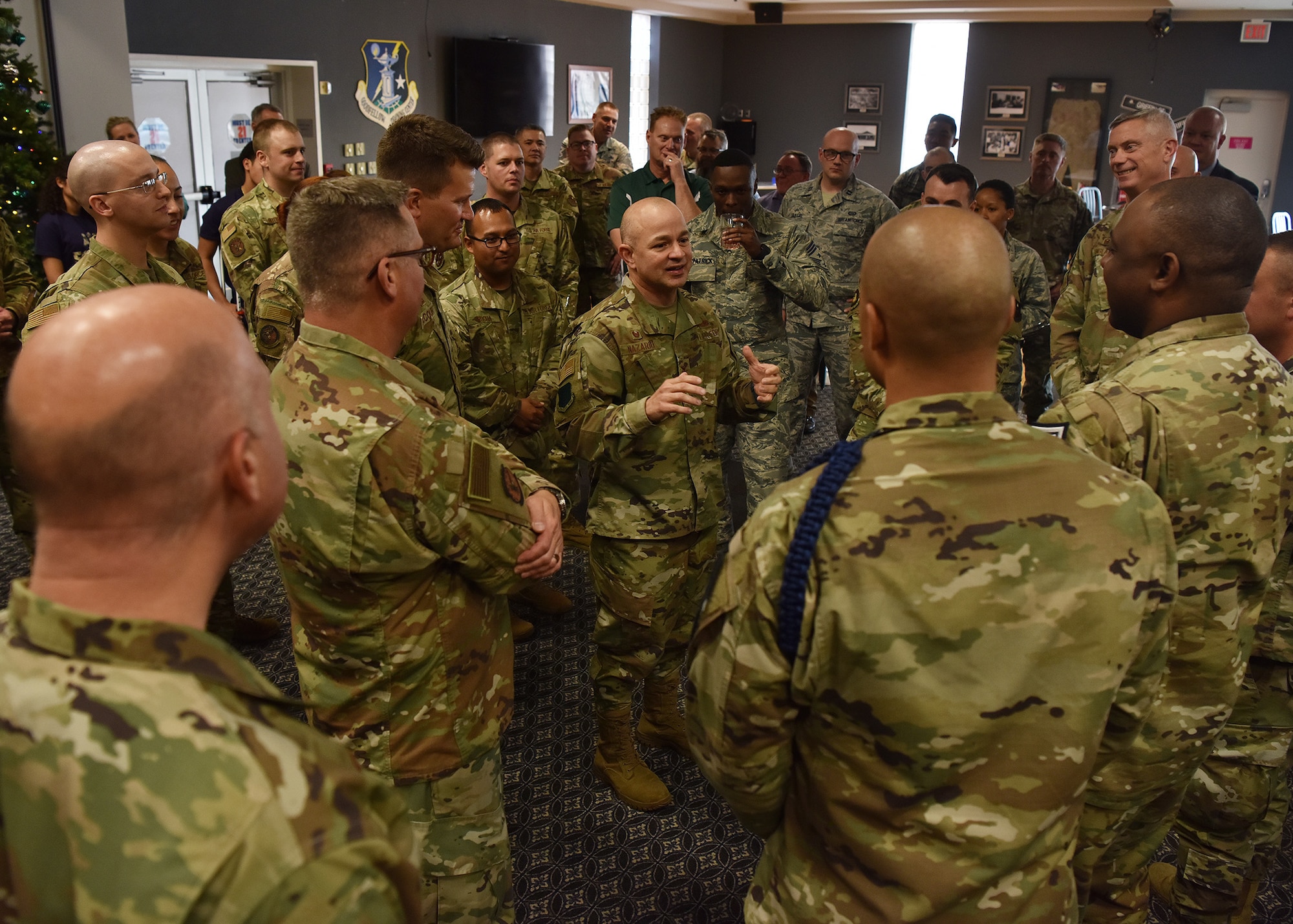 U.S. Air Force Col. Andres Nazario, 17th Training Wing commander, speaks to members of team Goodfellow during the Chief Master Sergeant Release Ceremony at the Event Center on Goodfellow Air Force Base, Texas, Nov. 26, 2019. Three senior master sergeants from the 17 TRW were selected for promotion to the rank of chief master sergeant. (U.S. Air Force photo by Staff Sgt. Chad Warren/released)