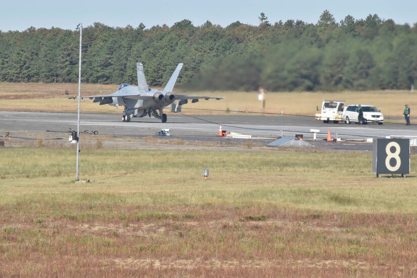 Air Test and Evaluation Squadron (VX) 23 conducts Advanced Arresting Gear (AAG) testing with five F/A-18E/F Super Hornets on Oct. 23-24 at the Runway Arrested Landing Site in Lakehurst, N.J. For the first time, AAG reached a milestone with 22 aircraft arrestments in just over 26 minutes. (U.S. Navy photo by Sherry Jacob)