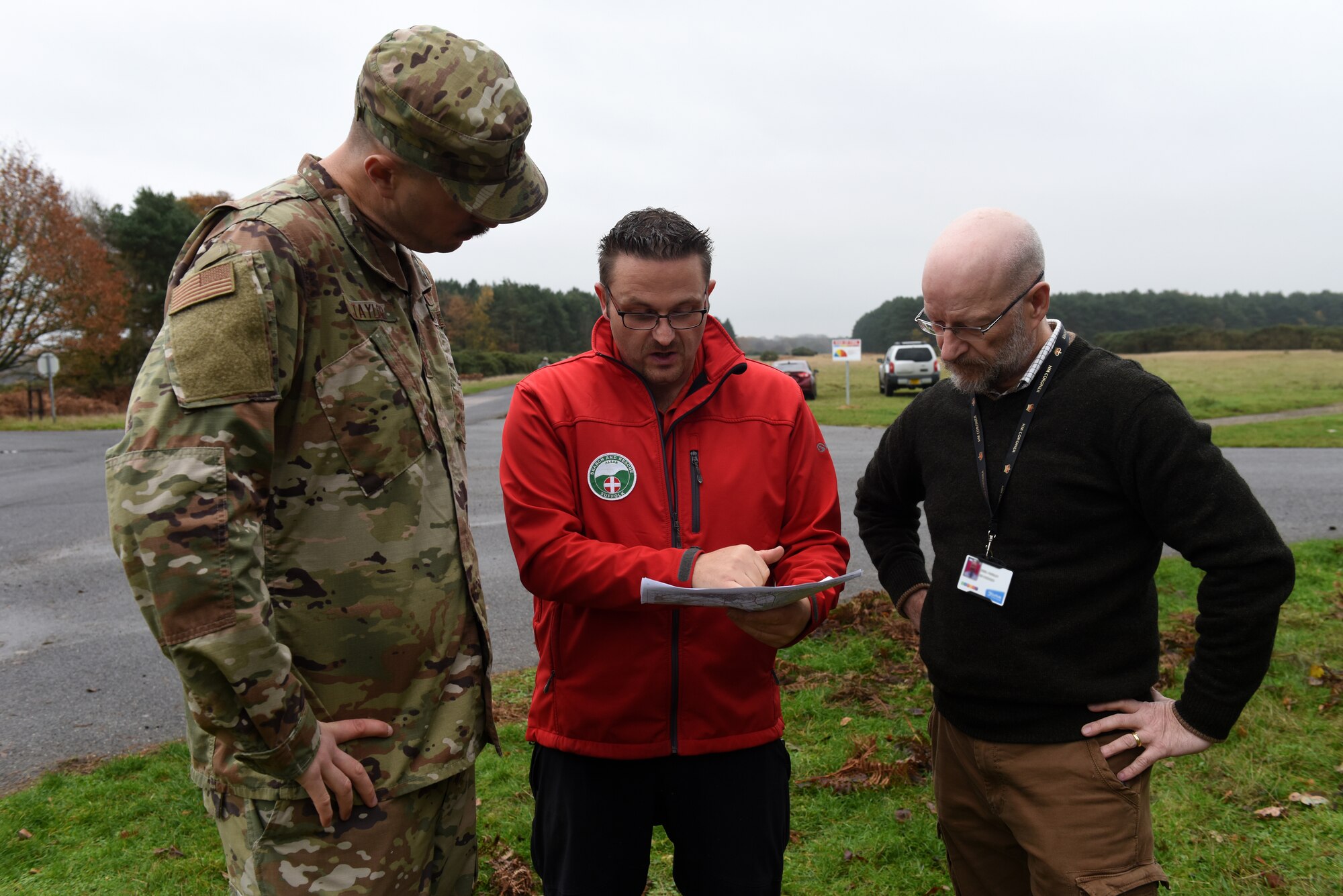Maj. Gregory Taylor, assigned to the 48th Medical Group at Royal Air Force Lakenheath, England, coordinate plans in Thetford, England, Nov. 23, 2019. The SuLSAR event allowed U.S. Air Force medics the opportunity to build a stronger partnership working alongside emergency responders. (U.S. Air Force photo by Airman 1st Class Rhonda Smith)
