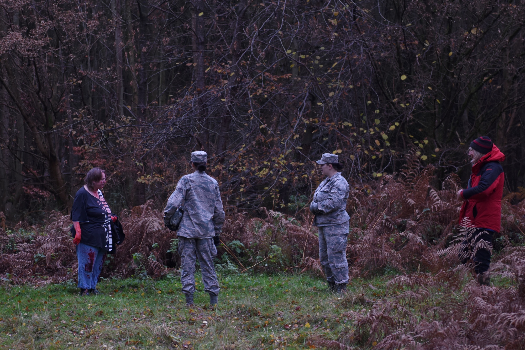 Liberty Wing Airmen participated in a joint medical exercise hosted by Suffolk Lowland Search and Rescue in Thetford, England, Nov. 23, 2019. U.S. Air Force Medical Airmen participating in the exercise had the opportunity to enhance medical readiness through an interactive scenario. (U.S. Air Force photo by Airman 1st Class Rhonda Smith)
