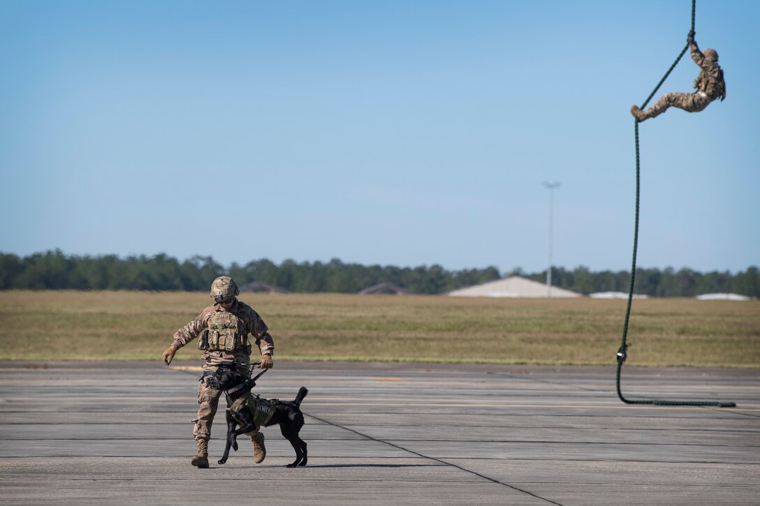 A photo of a military working dog handler leading his dog away from a helicopter