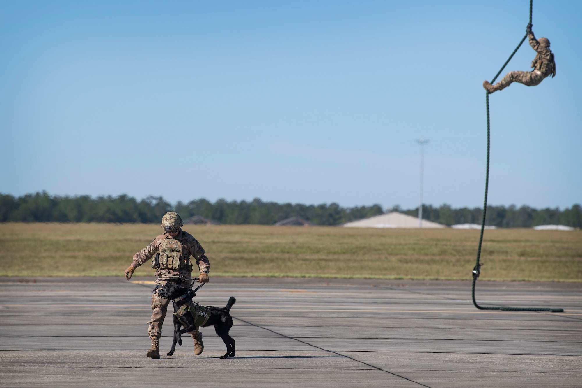 A photo of a military working dog handler leading his dog away from a helicopter