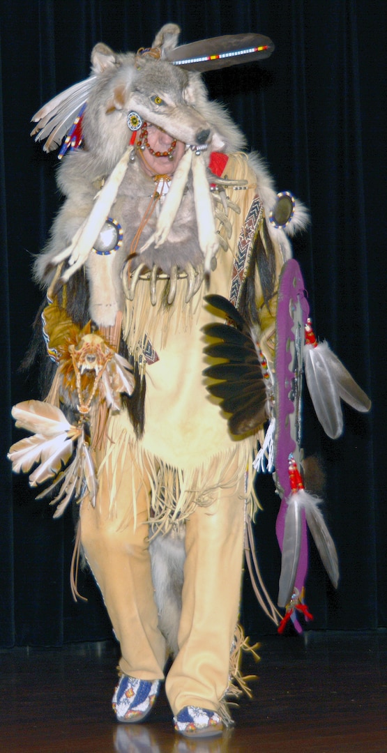 Milo Colton, a professor at St. Mary’s University and member of the Winnebago tribe, performs the Sneak Up Dance, a traditional Northern Plains dance, for attendees at the National American Indian Heritage Month celebration at JBSA-Fort Sam Houston Nov. 19.