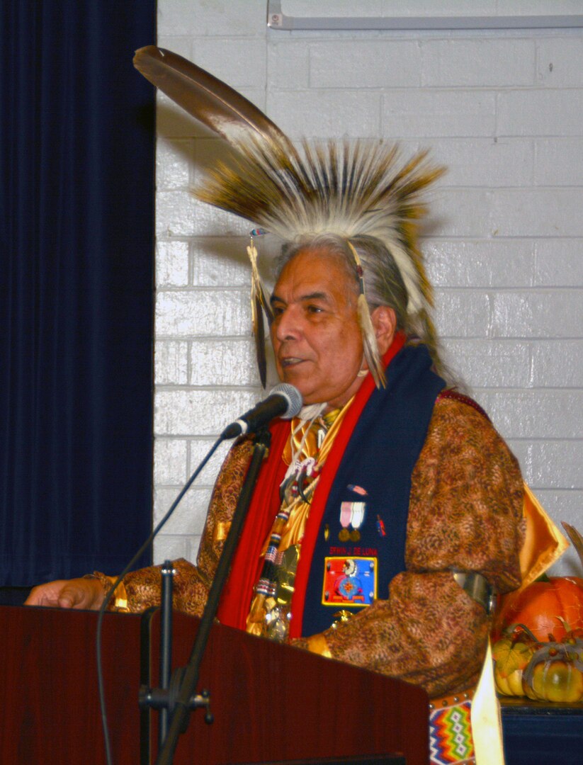 Erwin De Luna, the guest speaker at the Joint Base San Antonio-Fort Sam Houston National American Indian Heritage Month celebration Nov. 11, shares his culture, stories and connection to San Antonio and the military.