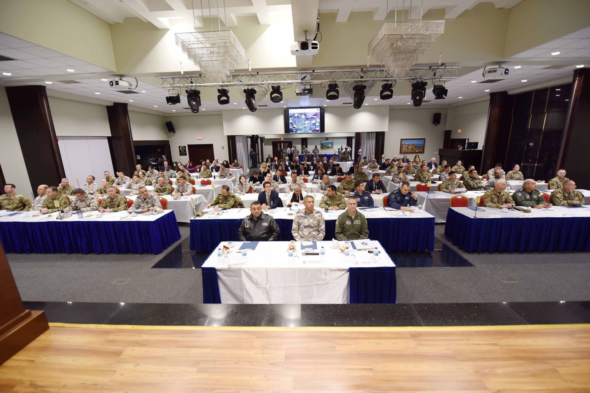 The Defense and Economic Cooperation Agreement inspection team attends an in-brief at Incirlik Air Base, Turkey, Nov. 25, 2019. The team comprised of representatives from the Turkish General Staff; Turkish Ministries of Foreign Affairs; Interior, Labor, Environment and Customs directorate including the Office of Defense Cooperation-Turkey and the U.S. Embassy.. (U.S. Air Force photo by Tech. Sgt. Jim Araos)