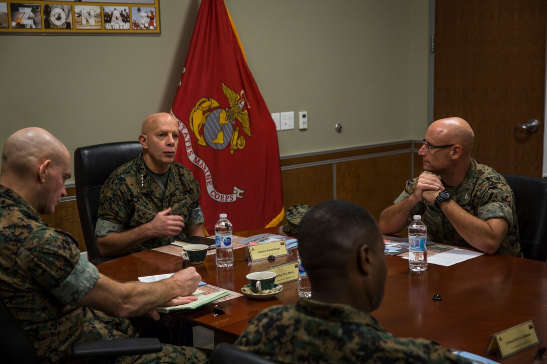 Gen. David H. Berger, the Commandant of the Marine Corps, and Sgt. Maj. Troy E. Black, the Sergeant Major of the Marine Corps, speak to Marines stationed on Marine Corps Air Station (MCAS) Yuma on the station parade deck Oct. 23, 2019. The purpose of the visit was to discuss upcoming changes in the Marine Corps with the Marines on the air station, address any of their questions, and get general feedback from the personnel. (U.S. Marine Corps photo by Sgt. Isaac D. Martinez)