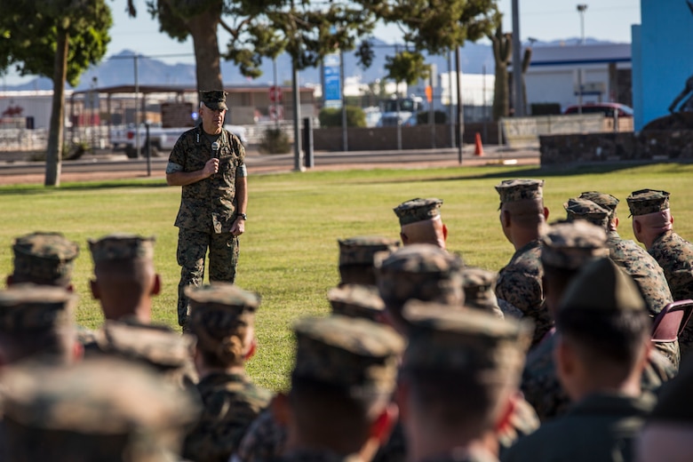Gen. David H. Berger, the Commandant of the Marine Corps, and Sgt. Maj. Troy E. Black, the Sergeant Major of the Marine Corps, speak to Marines stationed on Marine Corps Air Station (MCAS) Yuma on the station parade deck Oct. 23, 2019. The purpose of the visit was to discuss upcoming changes in the Marine Corps with the Marines on the air station, address any of their questions, and get general feedback from the personnel. (U.S. Marine Corps photo by Sgt. Isaac D. Martinez)