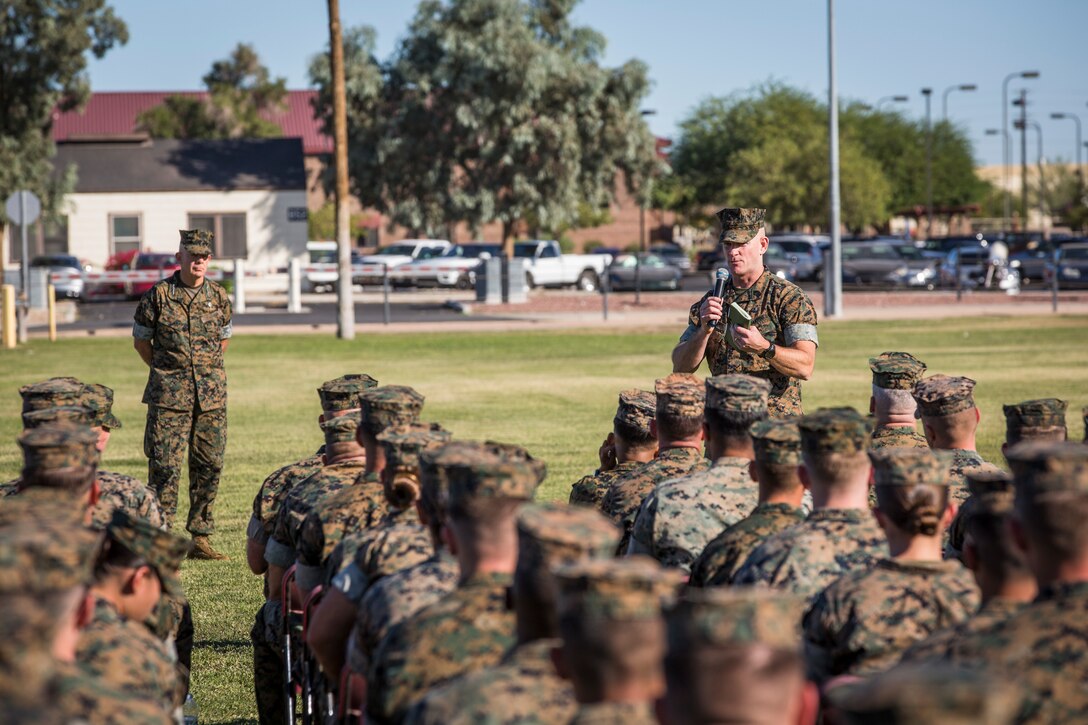 Gen. David H. Berger, the Commandant of the Marine Corps, and Sgt. Maj. Troy E. Black, the Sergeant Major of the Marine Corps, speak to Marines stationed on Marine Corps Air Station (MCAS) Yuma on the station parade deck Oct. 23, 2019. The purpose of the visit was to discuss upcoming changes in the Marine Corps with the Marines on the air station, address any of their questions, and get general feedback from the personnel. (U.S. Marine Corps photo by Sgt. Isaac D. Martinez)