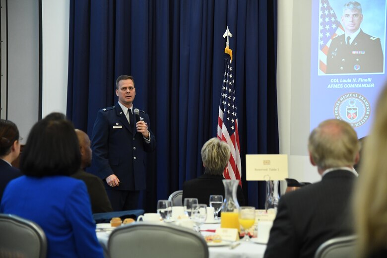 Col. Joel Safranek, 436th Airlift Wing commander, speaks to attendees during the State of the Base briefing on Dover Air Force Base, Del., Nov. 25, 2019. Safranek provided a brief overview of Team Dover’s mission and its role in the National Defense Strategy, as well as current and future plans to better fulfill the base’s mission. (U.S. Air Force photo by Senior Airman Eric M. Fisher)