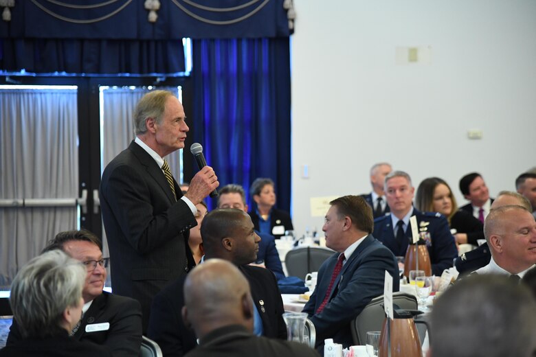 U.S. Senator Tom Carper speaks to attendees during the State of the Base on Dover Air Force Base, Del., Nov. 25, 2019. During the event, community and military leaders discussed current base events and future plans. (U.S Air Force photo by Senior Airman Eric M. Fisher)