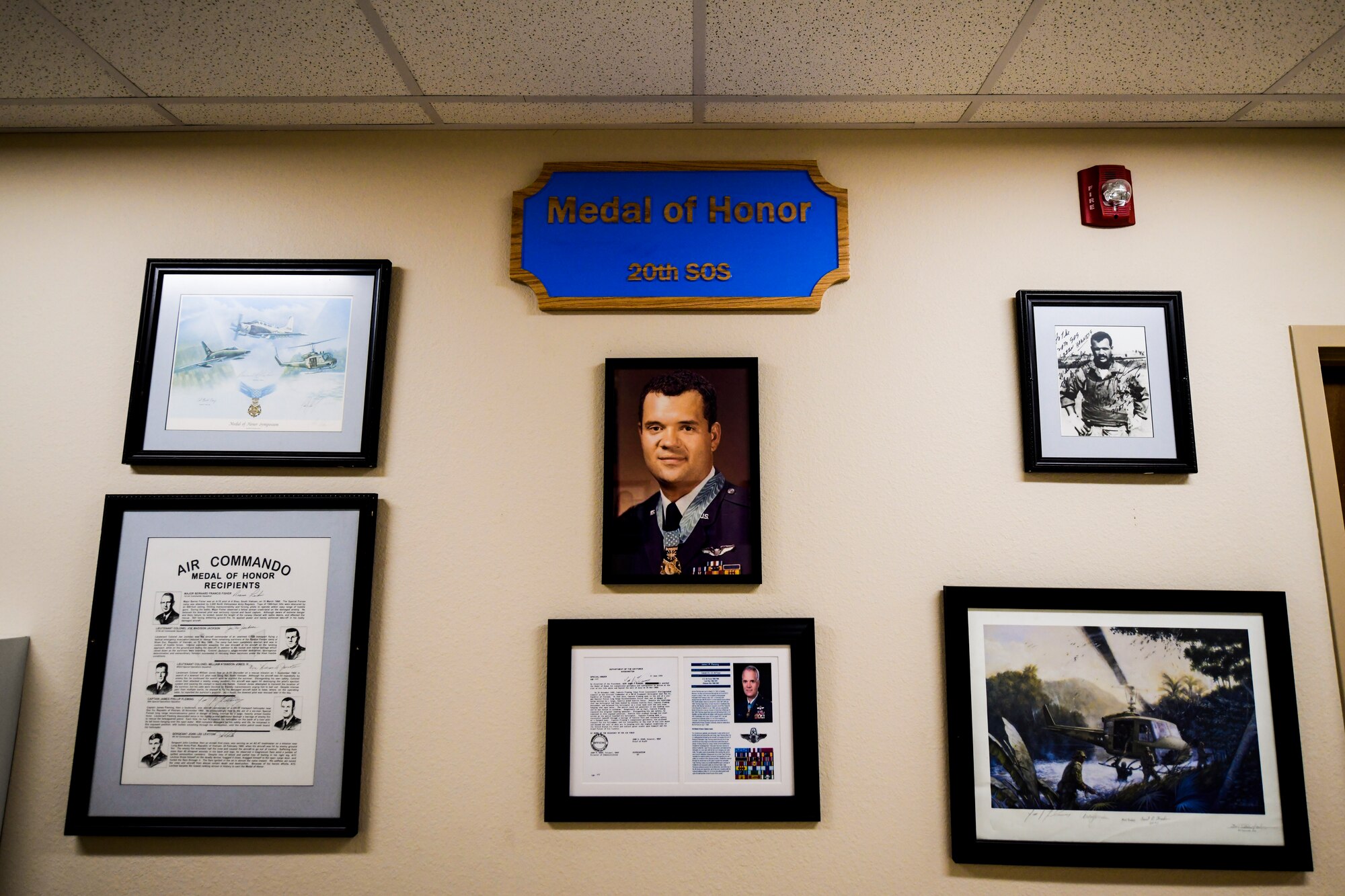 Depicted is the Medal of Honor dedication wall inside the 20th Special Operations Squadron building at Cannon Air Force Base, N.M., Nov. 26, 2019. The wall seeks to immortalize one of the squadrons most decorated members, Col. James Fleming, Medal of Honor recipient. (U.S. Air Force photo by Senior Airman Marcel Williams)