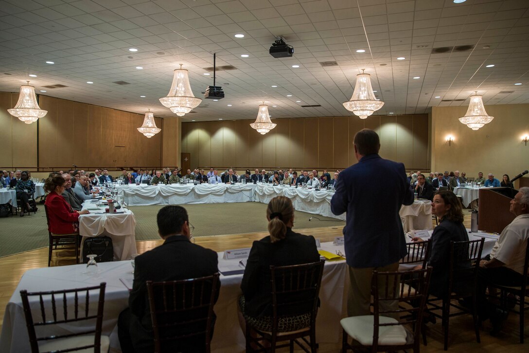 Members with the Western Regional Partnership gather for the 2019 Western Regional Partnership Principals’ meeting at the Pacific Views Center on Marine Corps Base Camp Pendleton, California, Nov. 19, 2019. The WRP provides a proactive and collaborative framework for senior-policy level Federal, State and Tribal leadership to identify common goals and emerging issues in the states of Arizona, California, Colorado, Nevada, New Mexico and Utah, and to develop solutions that support WRP Partners and protect natural and cultural resources, while promoting sustainability, homeland security and military readiness.  This was the first time the WRP has been hosted on a military installation. (U.S. Marine Corps photo by Lance Cpl. Alison Dostie)
