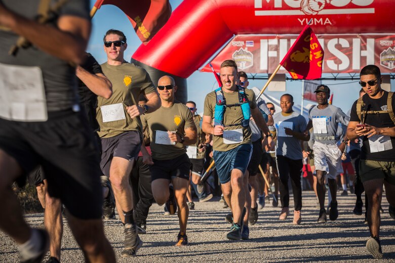 Competitors in the 2nd Annual Telegraph Pass Challenge prepare to start the 5 mile bike portion of the race in Yuma, Ariz., Nov. 2, 2019. The challenge, coordinated by Marine Corps Community Services (MCCS), offered participants the opportunity to compete for first, second, or third place in either a 5 mile run, 5 mile bike route, or both. (U.S. Marine Corps photo by Sgt. Isaac D. Martinez)