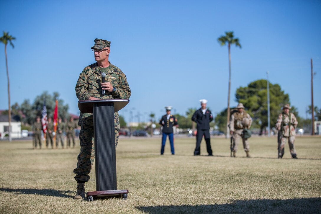 U.S. Marines with Headquarters and Headquarters Squadron, Marine Corps Air Station (MCAS)Yuma, participate in the 244th Marine Corps birthday uniform pageant at the Parade Deck on MCAS Yuma, Ariz., Nov. 7, 2019. The annual ceremony was held in honor of the 244th Marine Corps birthday, showcasing historical uniforms to honor Marines of the past, present and future while signifying the passing of traditions from one generation to the next. (U.S. Marine Corps photo Lance Cpl. John Hall)