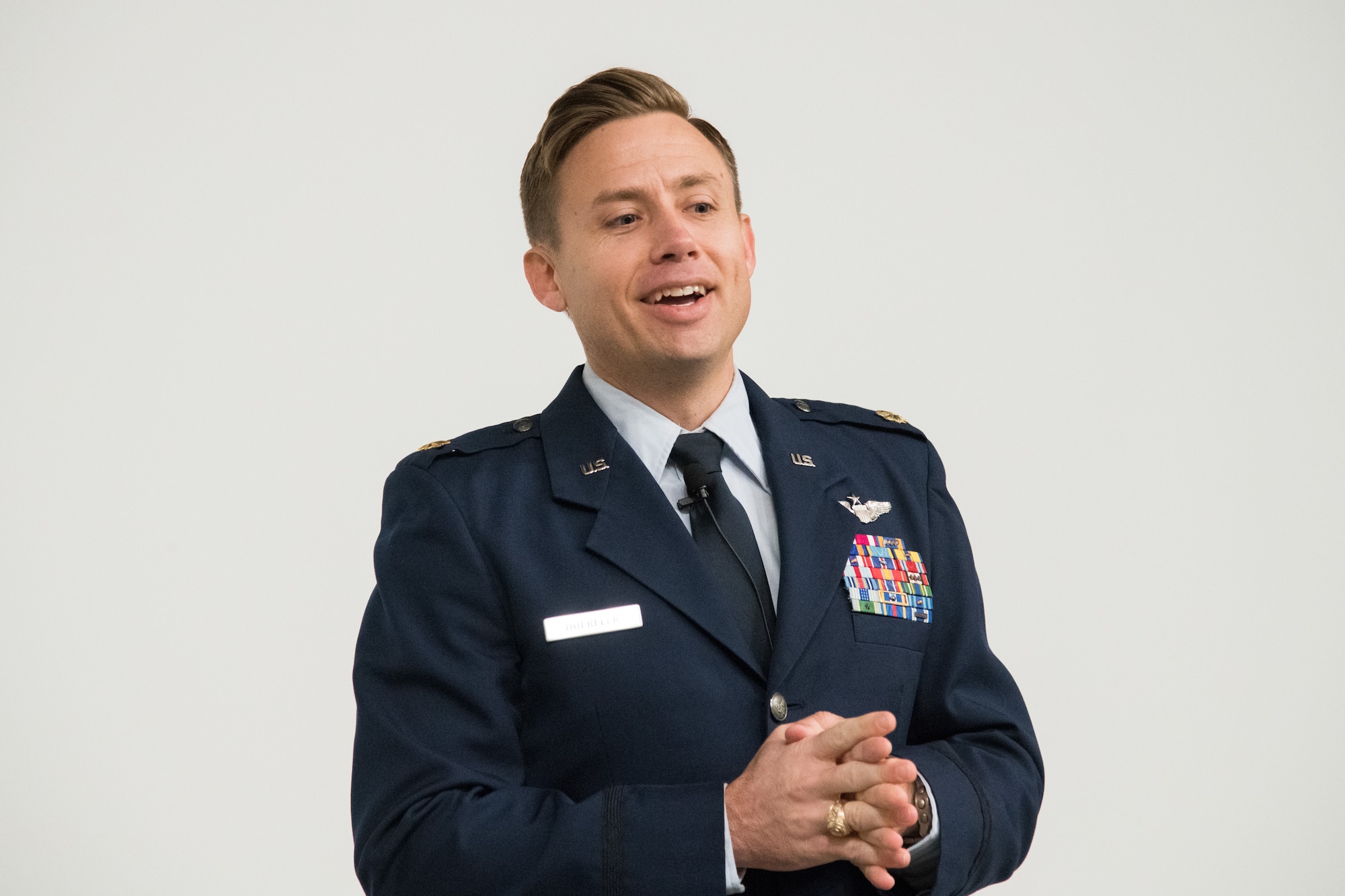 Maj. Jay Burrell Doerfler addressed the participants to his award ceremony at Maxwell Air Force Base’s Wood Auditorium, November 18, 2019. The award is presented annually to recognize an Air Force fighter pilot with proven excellence and professionalism in flight, as well as dedication to community service.