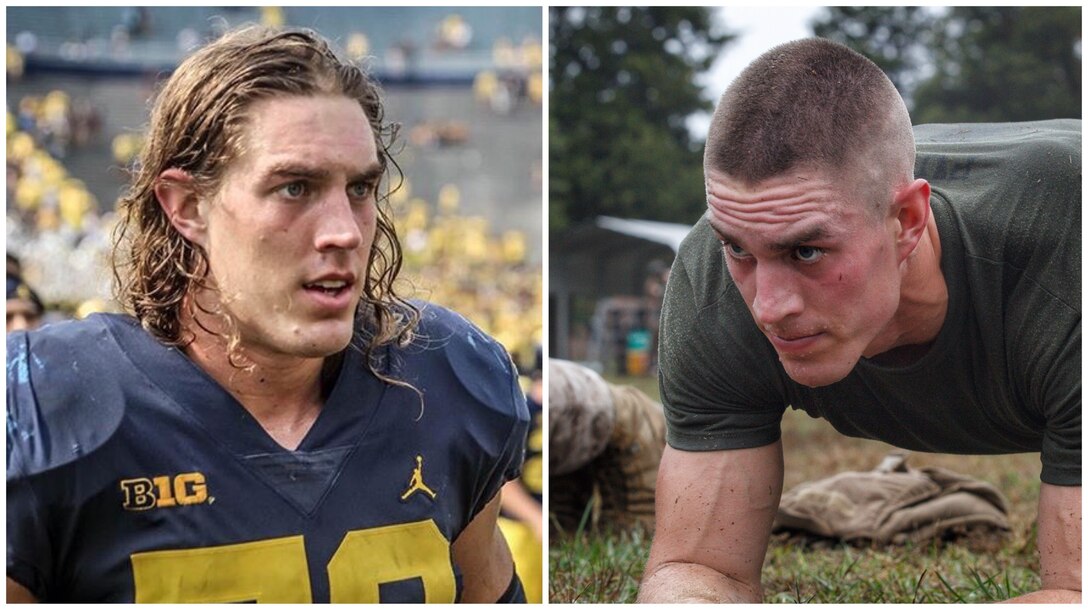 Former Michigan linebacker Noah Furbush, 24, commissioned as a second lieutenant in the United States Marine Corps, November 16, at Marine Corps Officer Candidates School (OCS) in Quantico, Virginia. Furbush completed 10 weeks of training in which he and his fellow officer candidates were continually screened and evaluated on their leadership, academics, and physical fitness to determine their suitability to become Marine Corps officers. Of the 441 men and women who arrived at OCS in September, 337 completed the training.