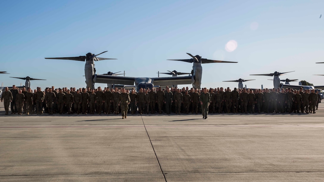 Marines with Marine Medium Tiltrotor Squadron (VMM) 163, Marine Aircraft Group (MAG) 16, 3rd Marine Aircraft Wing (MAW), walk toward their awaiting loved ones at Marine Corps Air Station Miramar, Calif., Nov. 25, 2019. VMM-163 supported the 11th Marine Expeditionary Unit during routine operations as part of the Boxer Amphibious Ready Group in the Eastern Pacific Ocean. (U.S. Marine Corps photo by Lance Cpl. Jaime Reyes)