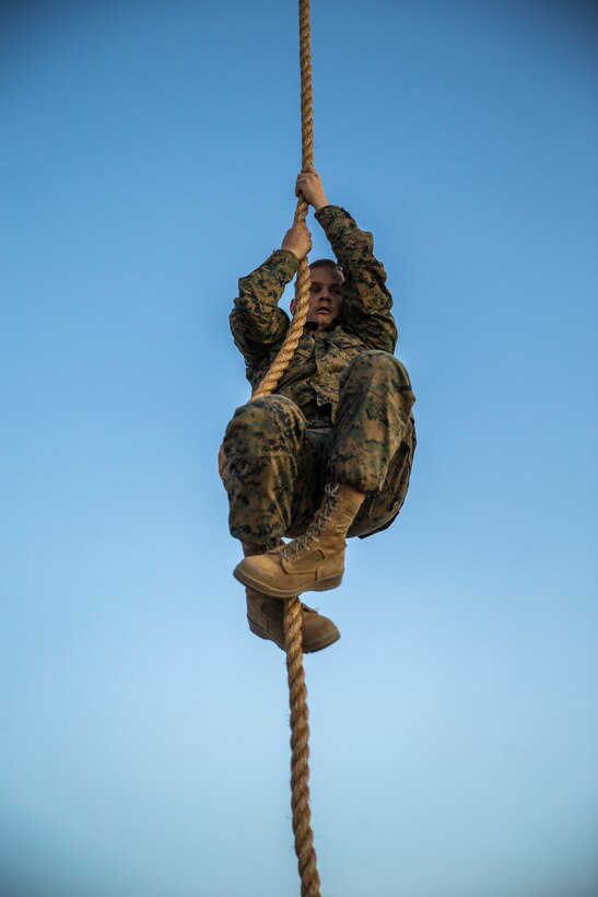 U.S. Marines and Sailors with Headuarters and Headquarters Squadron, Marine Corps Air Staion (MCAS) Yuma, participate in a squadron-wide obstacle course exercise on Nov. 8, 2019. The Marine Corps obstacle course is composed of various obstacles such as high and low logs, high bars, incline bars and traverse logs, and a rope climb. (Marine Corps photo by Lance Cpl. John Hall)