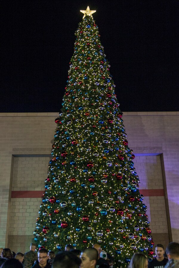 Marine Corps Base Camp Pendleton hosts the 2019 Tree Lighting Celebration at the Pacific Views Marine Corps Exchange on Camp Pendleton, California, Nov. 23, 2019. The 50 foot holiday tree has over 30,000 twinkling lights and has been used for the past five years. The event also consists of a children’s carnival with games and rides, various sweepstakes, Santa and Mrs. Clause. (U.S. Marine Corps photo by Lance Cpl. Angela Wilcox)