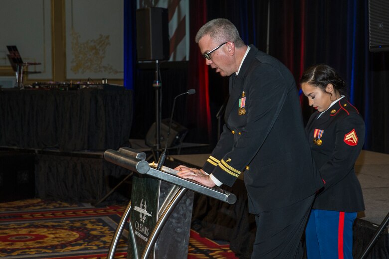 U.S. Marines assigned to Headquarters and Headquarters Sqaudron (H&HS), Marine Corps Air Station (MCAS) Yuma participate in the 244th Marine Corps Birthday Ceremony in Las Vegas, Nevada Nov. 9, 2019. Each year Marines, Sailors assigned to Marine units, and their spouses and families celebrate the Marine Corps birthday of  November 10, 1775 and honor the traditions and history of the Marines. (U.S. Marine Corps photo by Sgt. Isaac D. Martinez)