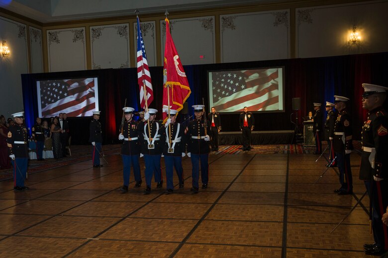 U.S. Marines assigned to Headquarters and Headquarters Sqaudron (H&HS), Marine Corps Air Station (MCAS) Yuma participate in the 244th Marine Corps Birthday Ceremony in Las Vegas, Nevada Nov. 9, 2019. Each year Marines, Sailors assigned to Marine units, and their spouses and families celebrate the Marine Corps birthday of  November 10, 1775 and honor the traditions and history of the Marines. (U.S. Marine Corps photo by Sgt. Isaac D. Martinez)