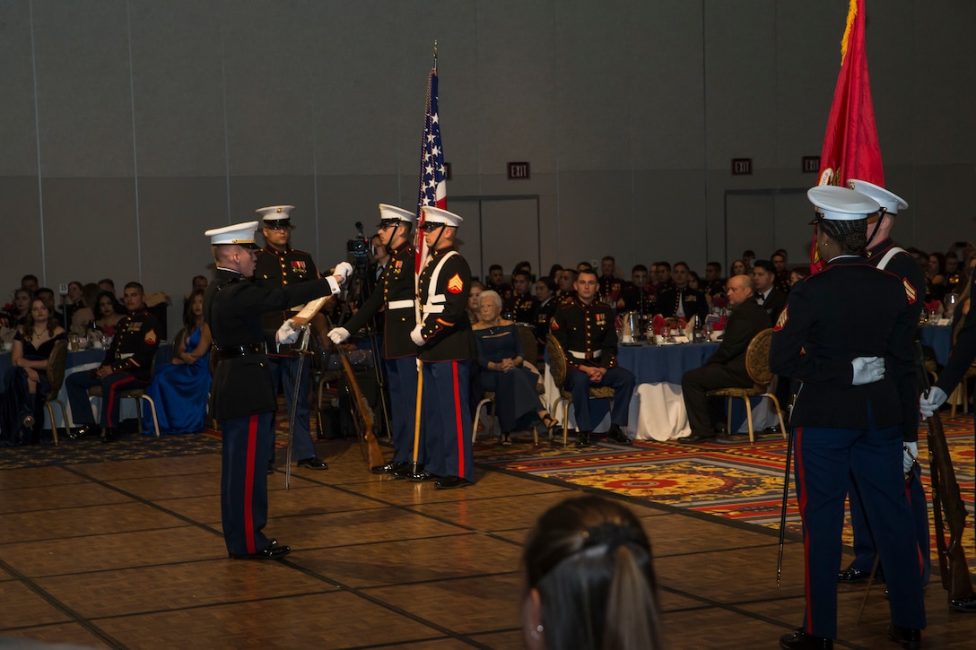 U.S. Marines assigned to Headquarters and Headquarters Sqaudron (H&HS), Marine Corps Air Station (MCAS) Yuma participate in the 244th Marine Corps Birthday Ceremony in Las Vegas, Nevada Nov. 9, 2019. Each year Marines, Sailors assigned to Marine units, and their spouses and families celebrate the Marine Corps birthday of  November 10, 1775 and honor the traditions and history of the Marines. (U.S. Marine Corps photo by Sgt. Isaac D. Martinez)
