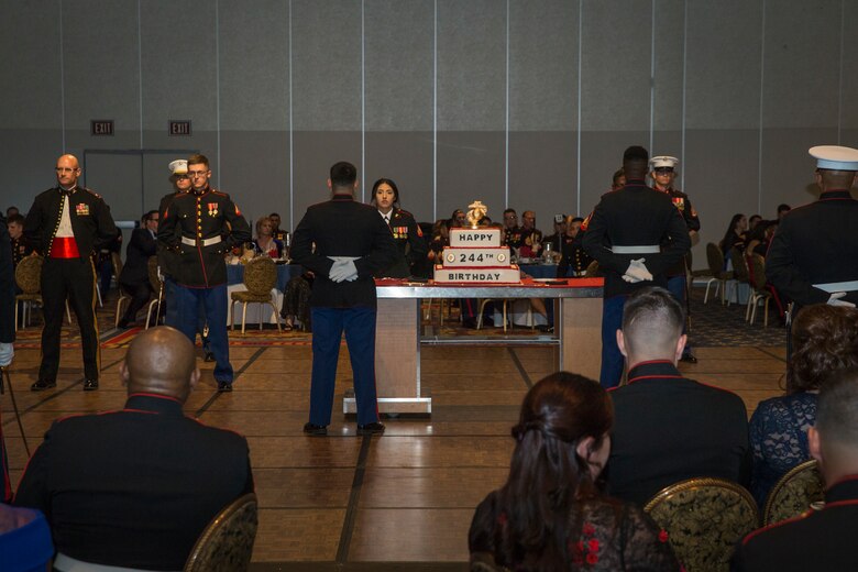 U.S. Marines assigned to Headquarters and Headquarters Sqaudron (H&HS), Marine Corps Air Station (MCAS) Yuma participate in the 244th Marine Corps Birthday Ceremony in Las Vegas, Nevada Nov. 9, 2019. Each year Marines, Sailors assigned to Marine units, and their spouses and families celebrate the Marine Corps birthday of  November 10, 1775 and honor the traditions and history of the Marines. (U.S. Marine Corps photo by Sgt. Isaac D. Martinez)