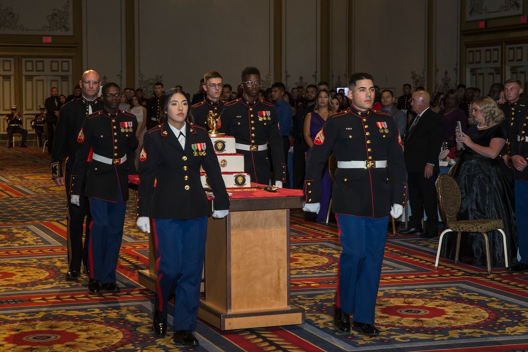 U.S. Marines assigned to Headquarters and Headquarters Sqaudron (H&HS), Marine Corps Air Station (MCAS) Yuma participate in the 244th Marine Corps Birthday Ceremony in Las Vegas, Nevada Nov. 9, 2019. Each year Marines, Sailors assigned to Marine units, and their spouses and families celebrate the Marine Corps birthday of  November 10, 1775 and honor the traditions and history of the Marines. (U.S. Marine Corps photo by Sgt. Isaac D. Martinez)