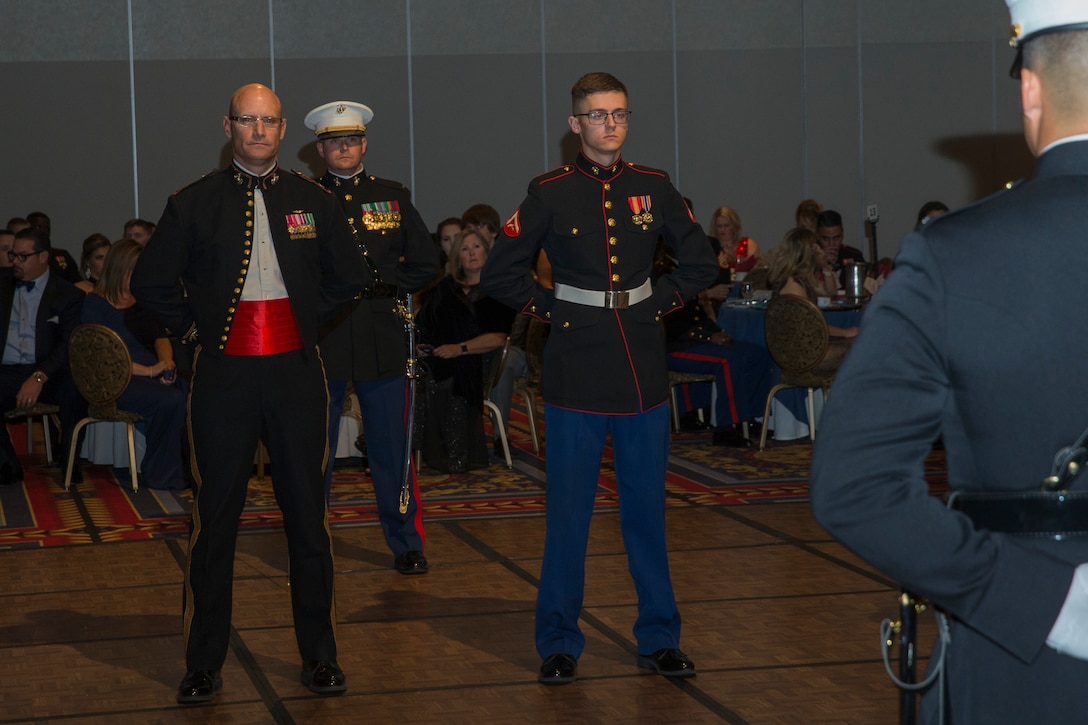 U.S. Marines assigned to Headquarters and Headquarters Sqaudron (H&HS), Marine Corps Air Station (MCAS) Yuma participate in the 244th Marine Corps Birthday Ceremony in Las Vegas, Nevada Nov. 9, 2019. Each year Marines, Sailors assigned to Marine units, and their spouses and families celebrate the Marine Corps birthday of  November 10, 1775 and honor the traditions and history of the Marines. (U.S. Marine Corps photo by Sgt. Isaac D. Martinez)