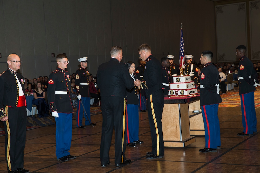 U.S. Marines assigned to Headquarters and Headquarters Sqaudron (H&HS), Marine Corps Air Station (MCAS) Yuma participate in the 244th Marine Corps Birthday Ceremony in Las Vegas, Nevada Nov. 9, 2019. Each year Marines, Sailors assigned to Marine units, and their spouses and families celebrate the Marine Corps birthday of  November 10, 1775 and honor the traditions and history of the Marines. (U.S. Marine Corps photo by Sgt. Isaac D. Martinez)