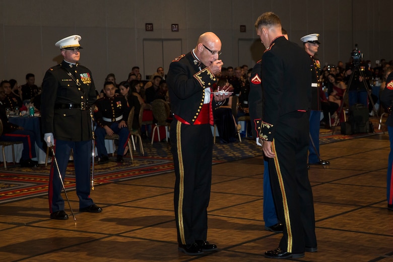 U.S. Marines assigned to Headquarters and Headquarters Sqaudron (H&HS), Marine Corps Air Station (MCAS) Yuma participate in the 244th Marine Corps Birthday Ceremony in Las Vegas, Nevada Nov. 9, 2019. Each year Marines, Sailors assigned to Marine units, and their spouses and families celebrate the Marine Corps birthday of  November 10, 1775 and honor the traditions and history of the Marines. (U.S. Marine Corps photo by Sgt. Isaac D. Martinez)