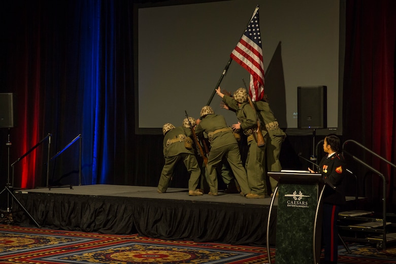 U.S. Marines assigned to Headquarters and Headquarters Sqaudron (H&HS), Marine Corps Air Station (MCAS) Yuma participate in the 244th Marine Corps Birthday Ceremony in Las Vegas, Nevada Nov. 9, 2019. Each year Marines, Sailors assigned to Marine units, and their spouses and families celebrate the Marine Corps birthday of  November 10, 1775 and honor the traditions and history of the Marines. (U.S. Marine Corps photo by Sgt. Isaac D. Martinez)